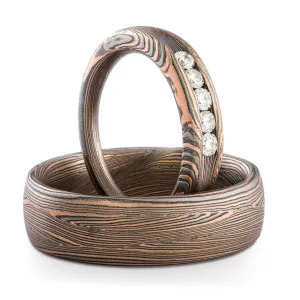 Rustic Mokume Gane Wedding Set or Ring Set in Embers Palette and Flow Pattern with Mokume Knots