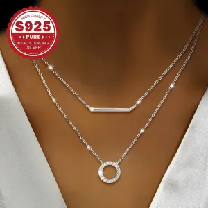 S925 Silver Women's Circle Necklace Double Layer Geometric Collarbone Chain