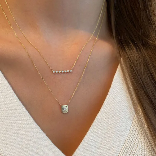 Sadie Pearl Double Diamond Baguette Necklace in Yellow Gold