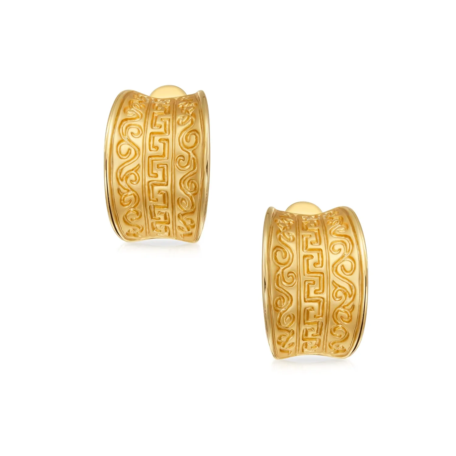Set of 2 Egyptian Greek Bali Swirl Clip-On Earrings Wide Half Hoop Gold Plated