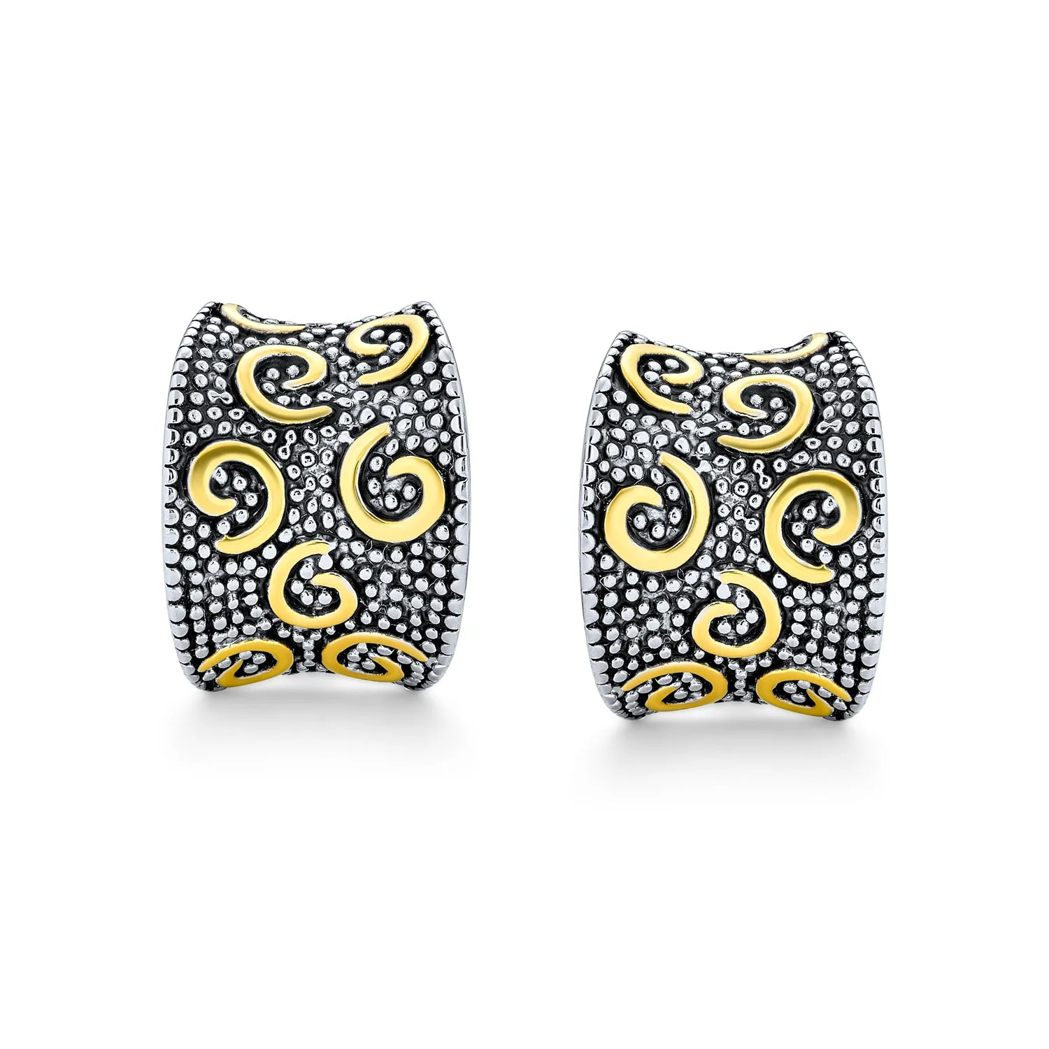 Set of 2 Egyptian Greek Bali Swirl Clip-On Earrings Wide Half Hoop Gold Plated