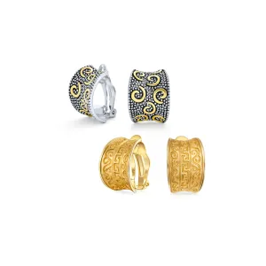 Set of 2 Egyptian Greek Bali Swirl Clip-On Earrings Wide Half Hoop Gold Plated