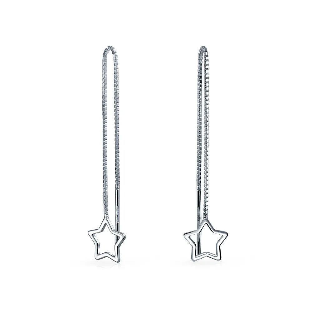 Set of 2 Music Note Celestial Star Long Chain Threader Dangle Earrings Silver