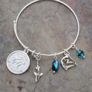 Shark Bracelet, Reef Shark Bangle Bracelet, Shark Charm Bracelet, Adjustable Bracelet for Women, Bangle Bracelet with Shark Charms