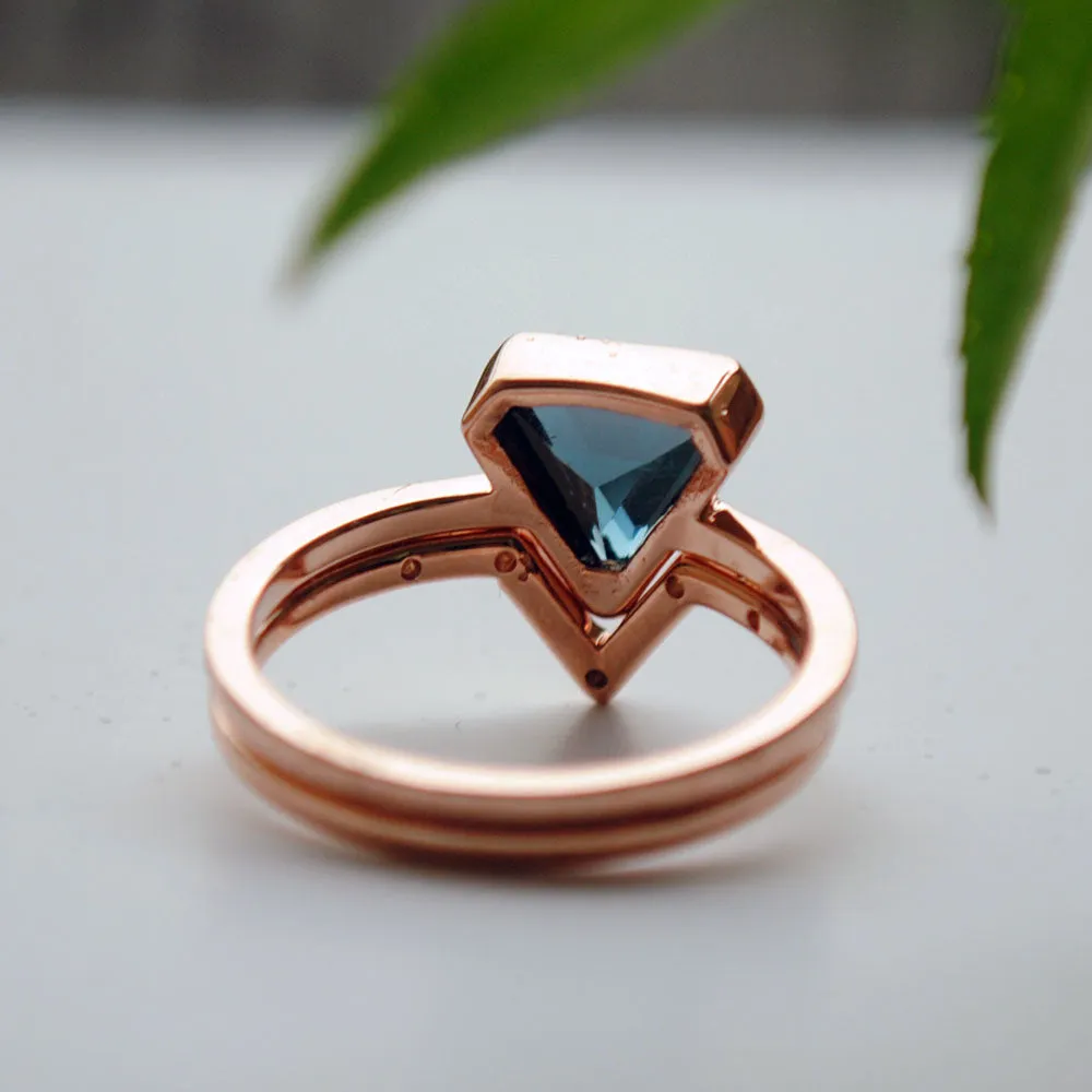 Shield Shaped Blue Topaz and Diamond Engagement Ring Set