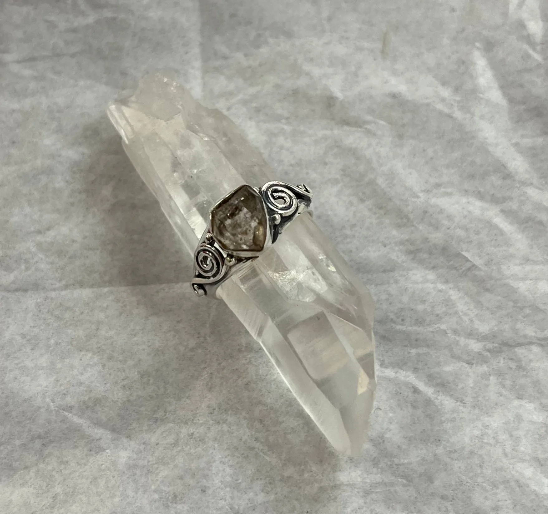 Silver Herkimer Rough Ring with Spiral Detailing