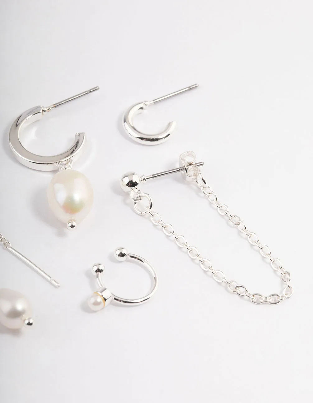 Silver Pearl Threader Stack Earrings