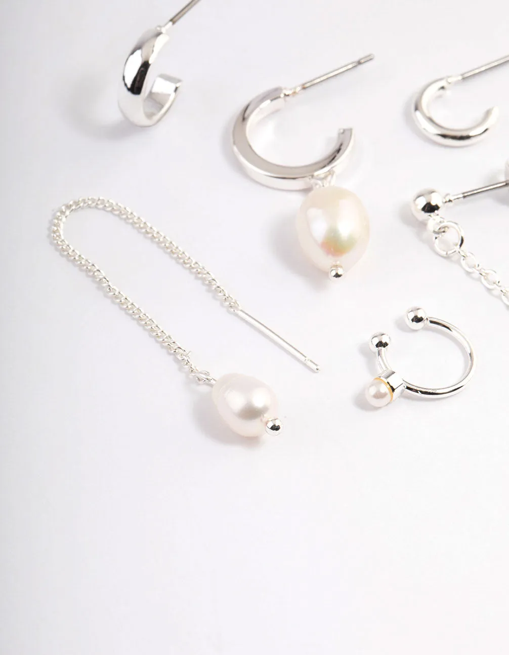 Silver Pearl Threader Stack Earrings