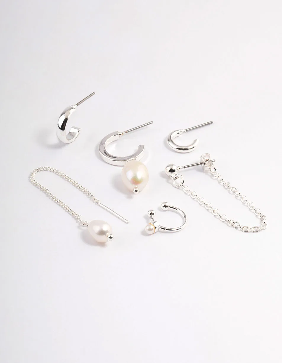 Silver Pearl Threader Stack Earrings