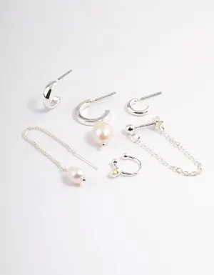 Silver Pearl Threader Stack Earrings