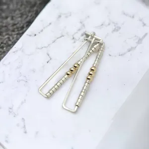Silver Rectangle Earrings with Silver & Gold Beads