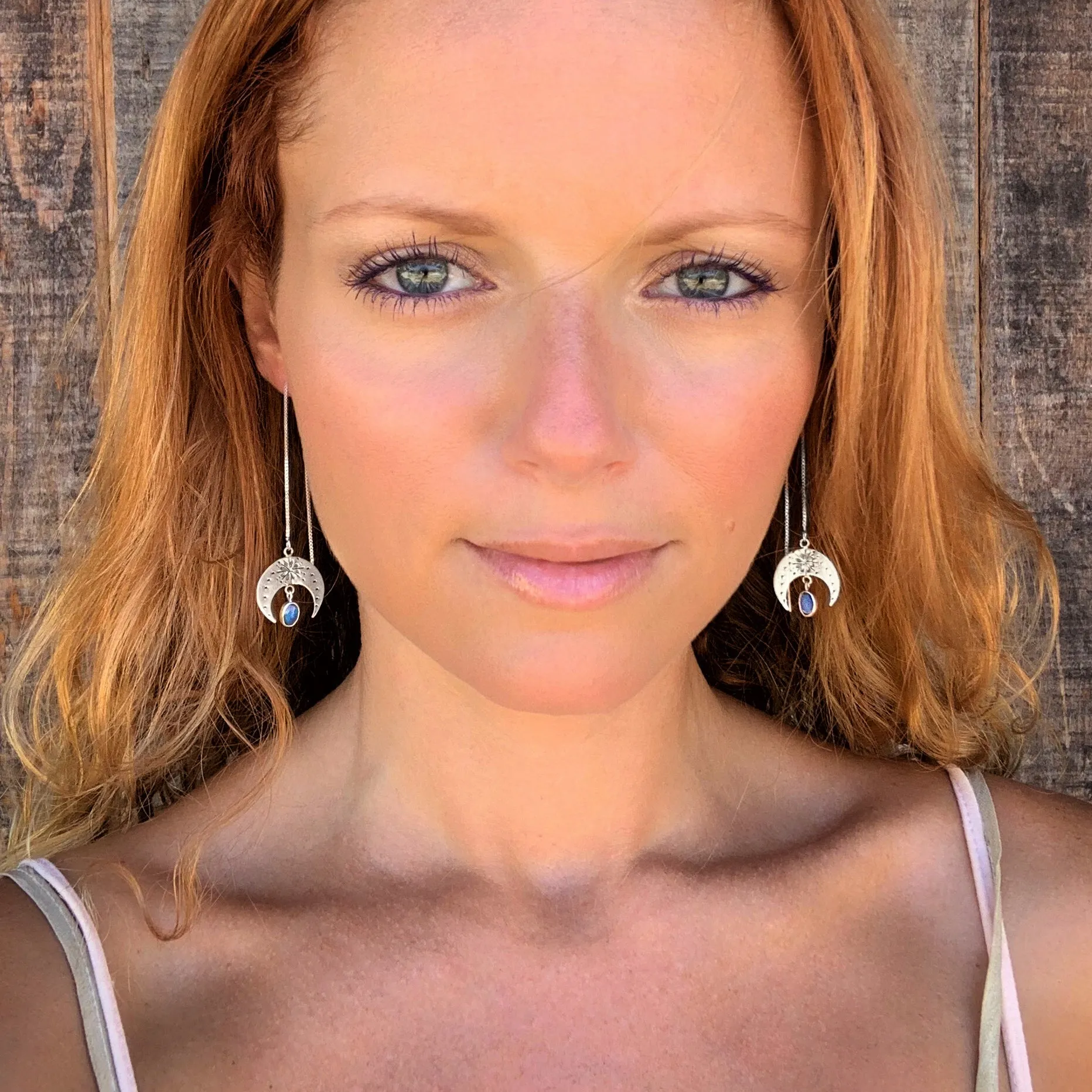 Small hand-stamped moon threader earrings with fire opals