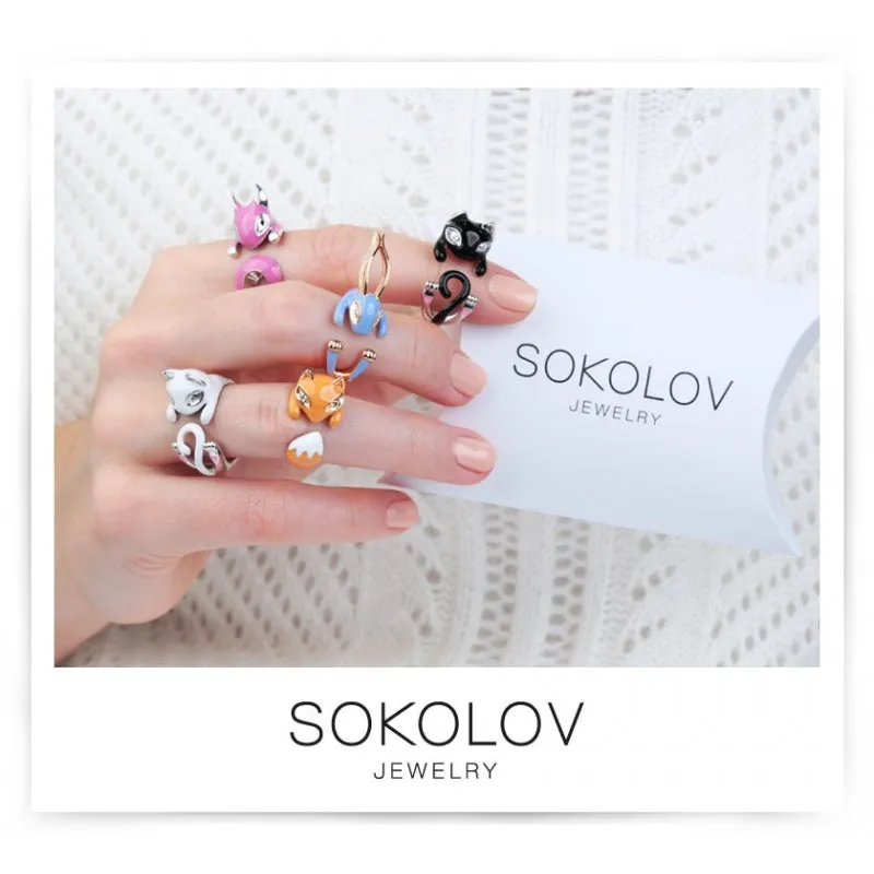SOKOLOV - Black Cat Open Hug Ring - Sterling Silver 925 With Enamel And CZ, Black