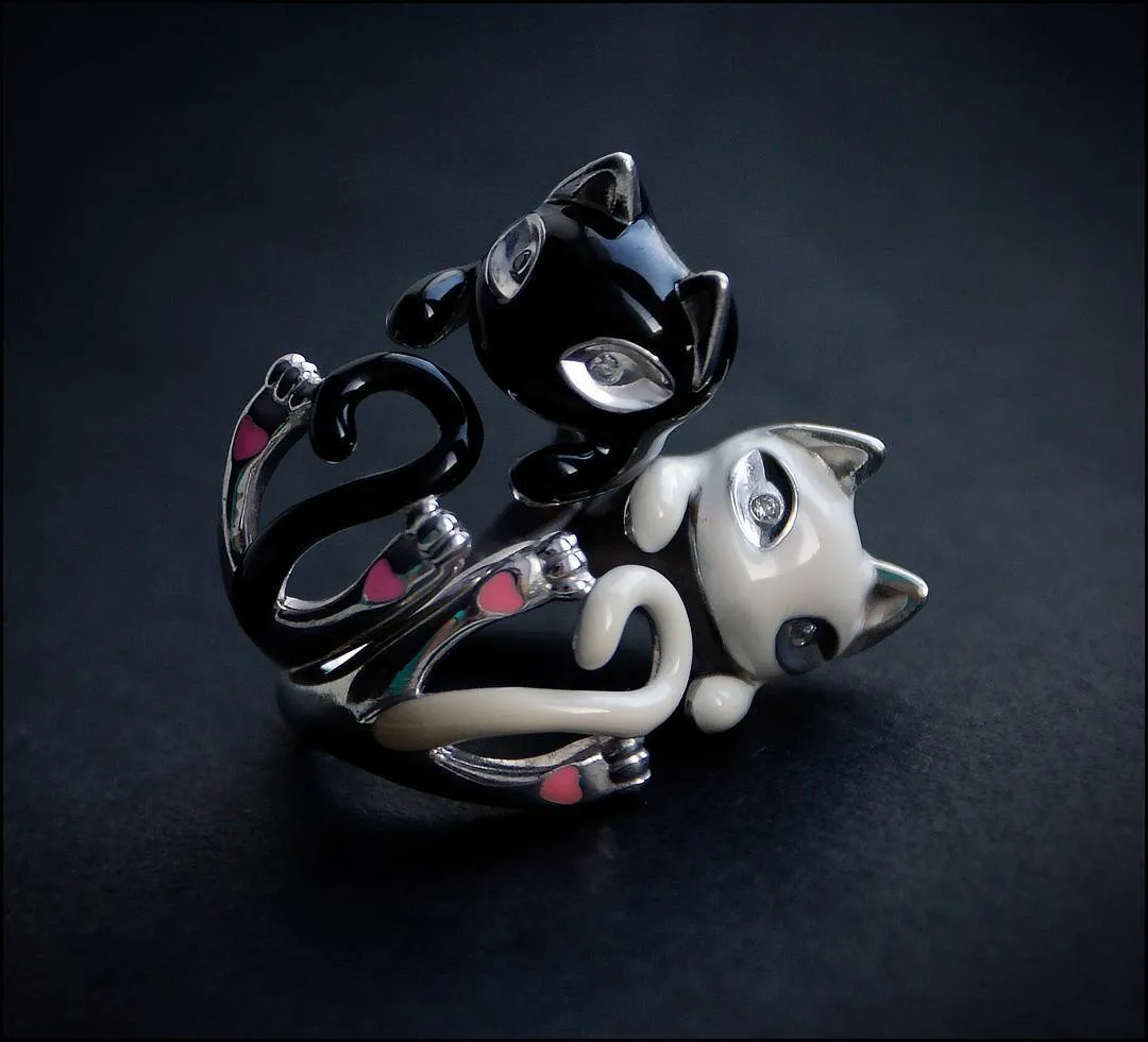 SOKOLOV - Black Cat Open Hug Ring - Sterling Silver 925 With Enamel And CZ, Black