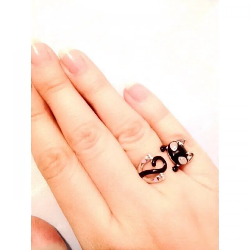 SOKOLOV - Black Cat Open Hug Ring - Sterling Silver 925 With Enamel And CZ, Black