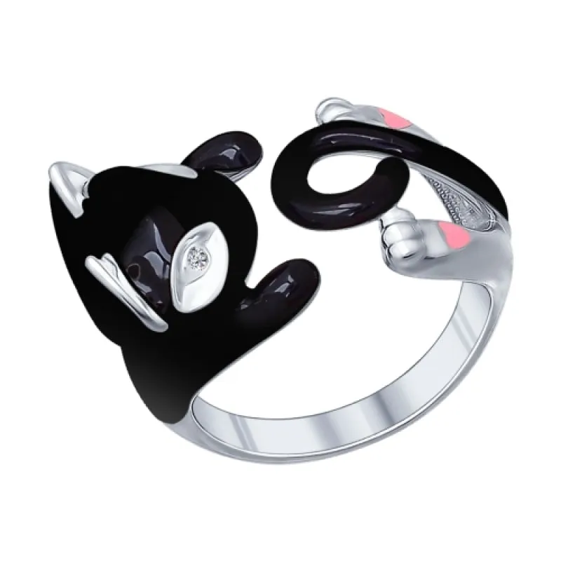 SOKOLOV - Black Cat Open Hug Ring - Sterling Silver 925 With Enamel And CZ, Black
