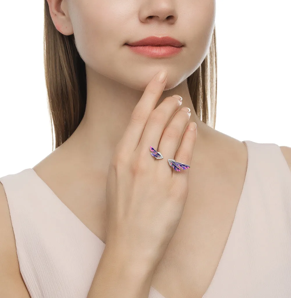 SOKOLOV - Dragonfly Wings Open Ring - Sterling Silver 925 With Enamel And CZ, Purple And Pink