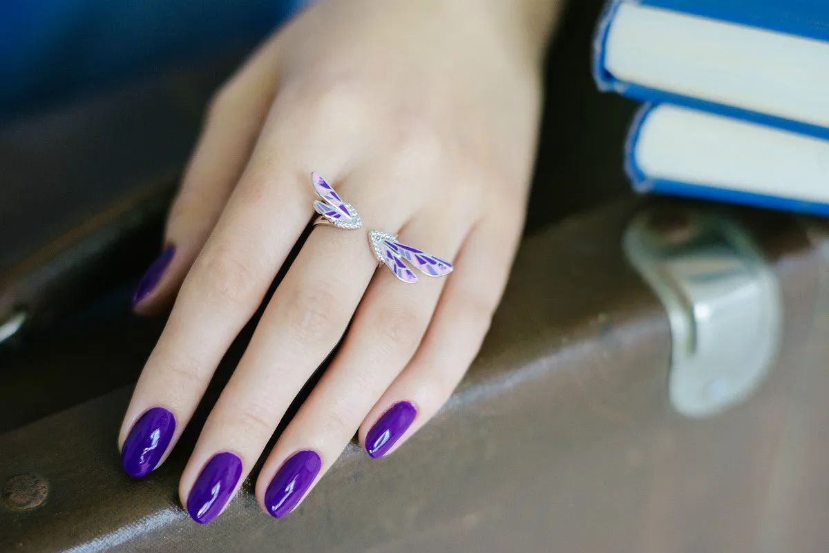 SOKOLOV - Dragonfly Wings Open Ring - Sterling Silver 925 With Enamel And CZ, Purple And Pink