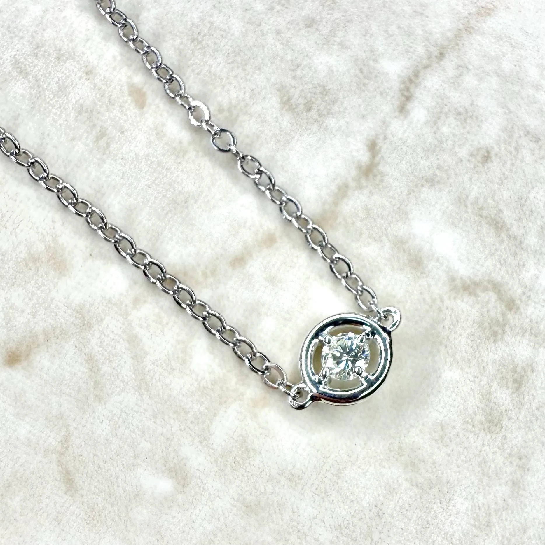 Solid 14 Karat White Gold Natural Diamond Solitaire Pendant Necklace