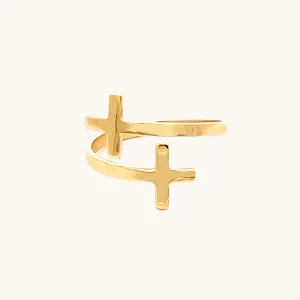 SOLID 14K YELLOW GOLD SMALL DOUBLE CROSS RING