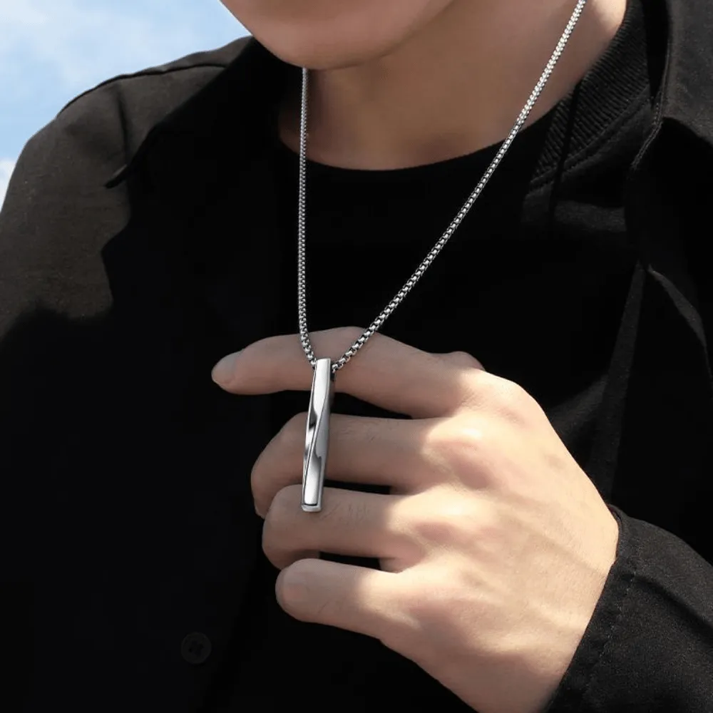 Spiral Bar Pendant Long Chain Necklace Men's Jewelry