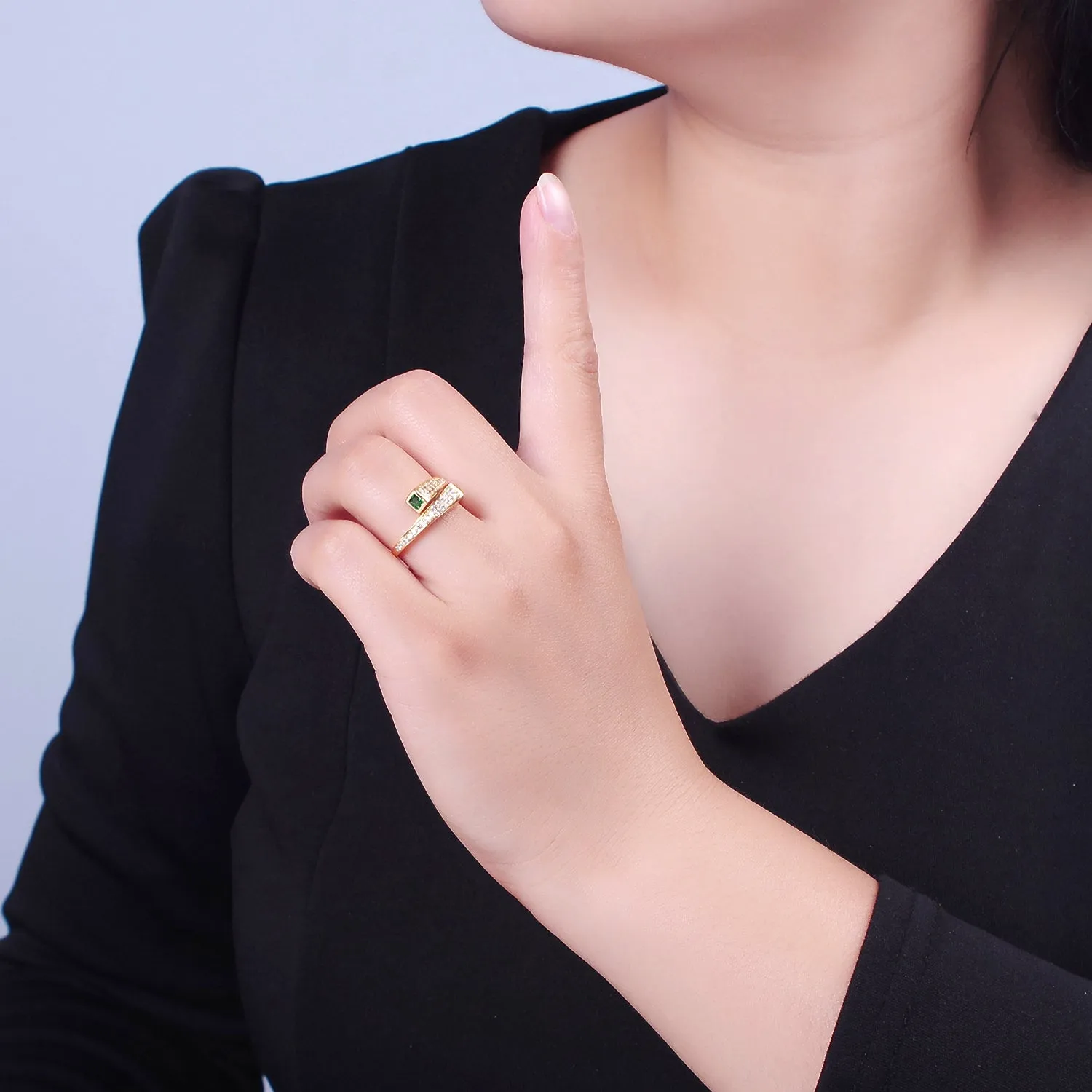 Stackable Pave Ring With Emerald Green CZ Stone open adjustable O-2177