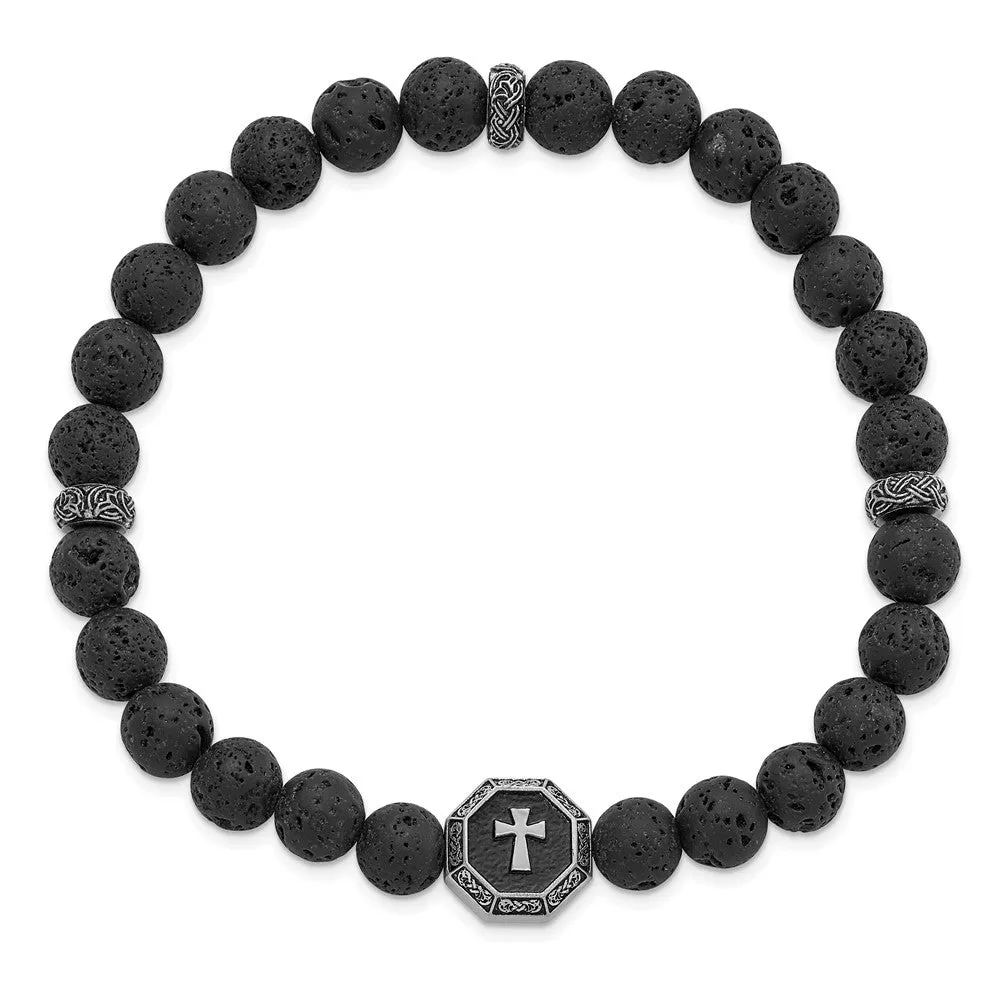 Stainless Steel Antiqued and Brushed Lava Stone Stretch Bracelet