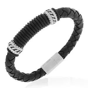 Stainless Steel Black Leather Yellow Gold-Tone Mens Bracelet