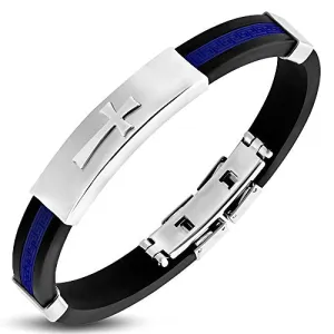 Stainless Steel Black Purple Rubber Greek Key Cross Mens Bracelet