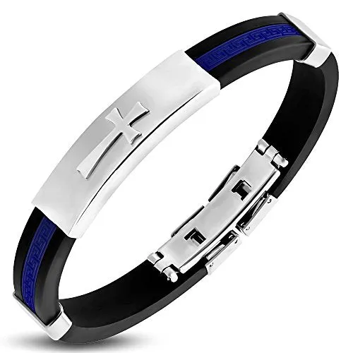 Stainless Steel Black Purple Rubber Greek Key Cross Mens Bracelet