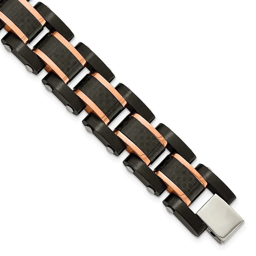 Stainless Steel Brushed Polished Black/Rose IP Carbon Fiber 8.5in Bracelet