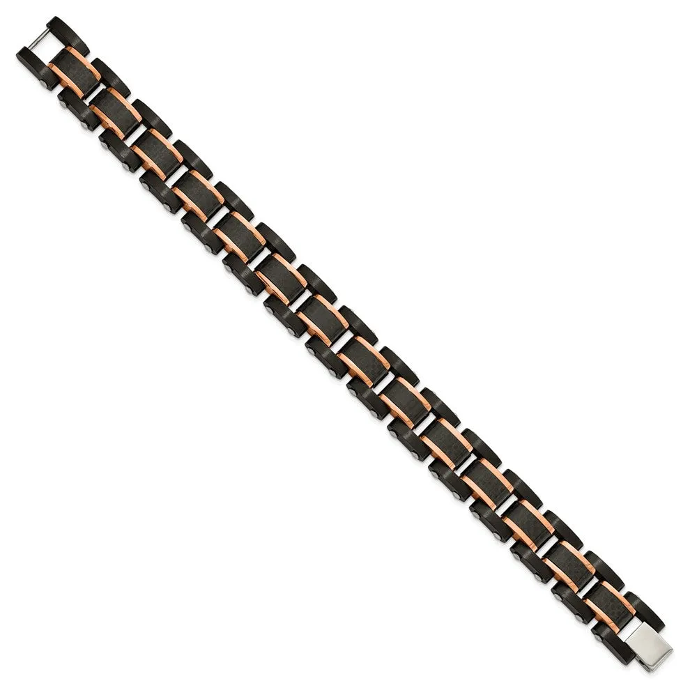 Stainless Steel Brushed Polished Black/Rose IP Carbon Fiber 8.5in Bracelet