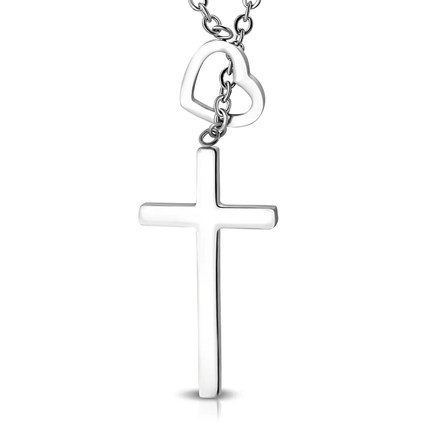 Stainless Steel Interlocking Open Love Heart Minimalist Cross Charm Link Chain Necklace Pendant