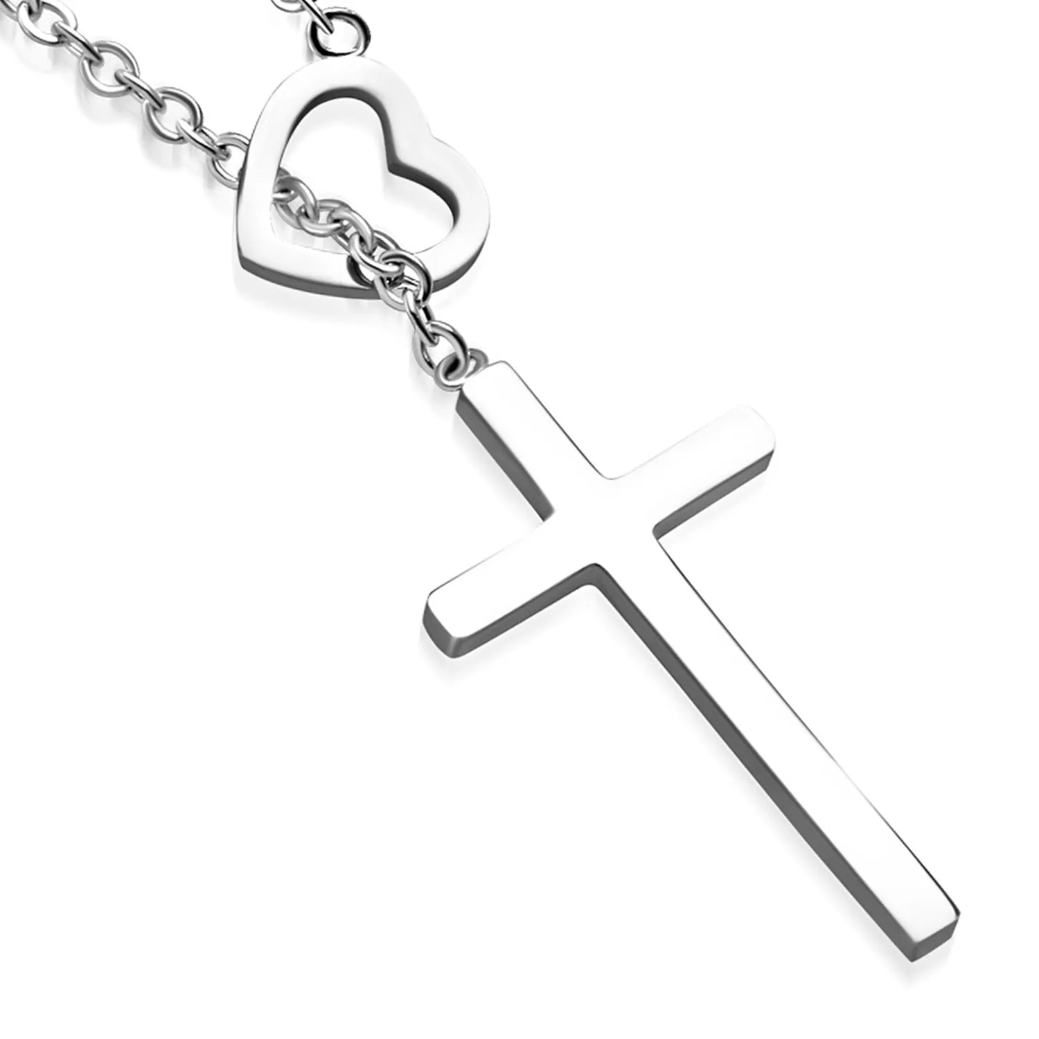 Stainless Steel Interlocking Open Love Heart Minimalist Cross Charm Link Chain Necklace Pendant