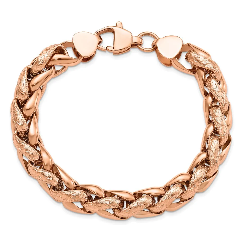Stainless Steel Polished & Textured Rose IP-plated Wheat 8.75in Bracelet