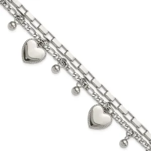 Stainless Steel Polished Hearts and Beads 7in w/2in ext. Bracelet