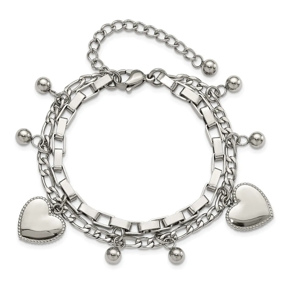 Stainless Steel Polished Hearts and Beads 7in w/2in ext. Bracelet