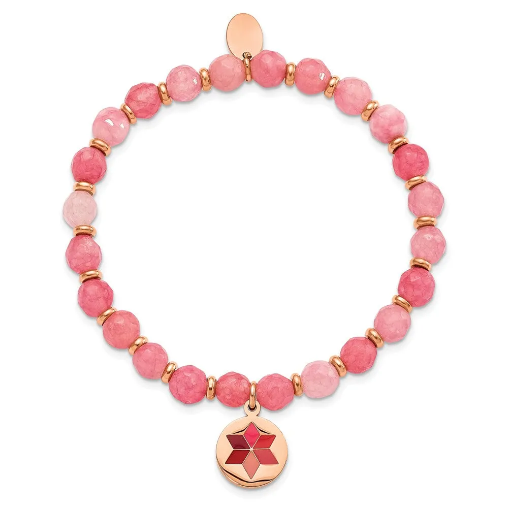 Stainless Steel Polished Rose IP Enameled Pink Agate Stretch Bracelet