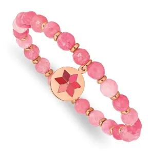 Stainless Steel Polished Rose IP Enameled Pink Agate Stretch Bracelet