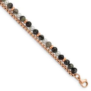 Stainless Steel Polished Rose IP w/Picasso Jasper 6.5in w/1in ext Bracelet