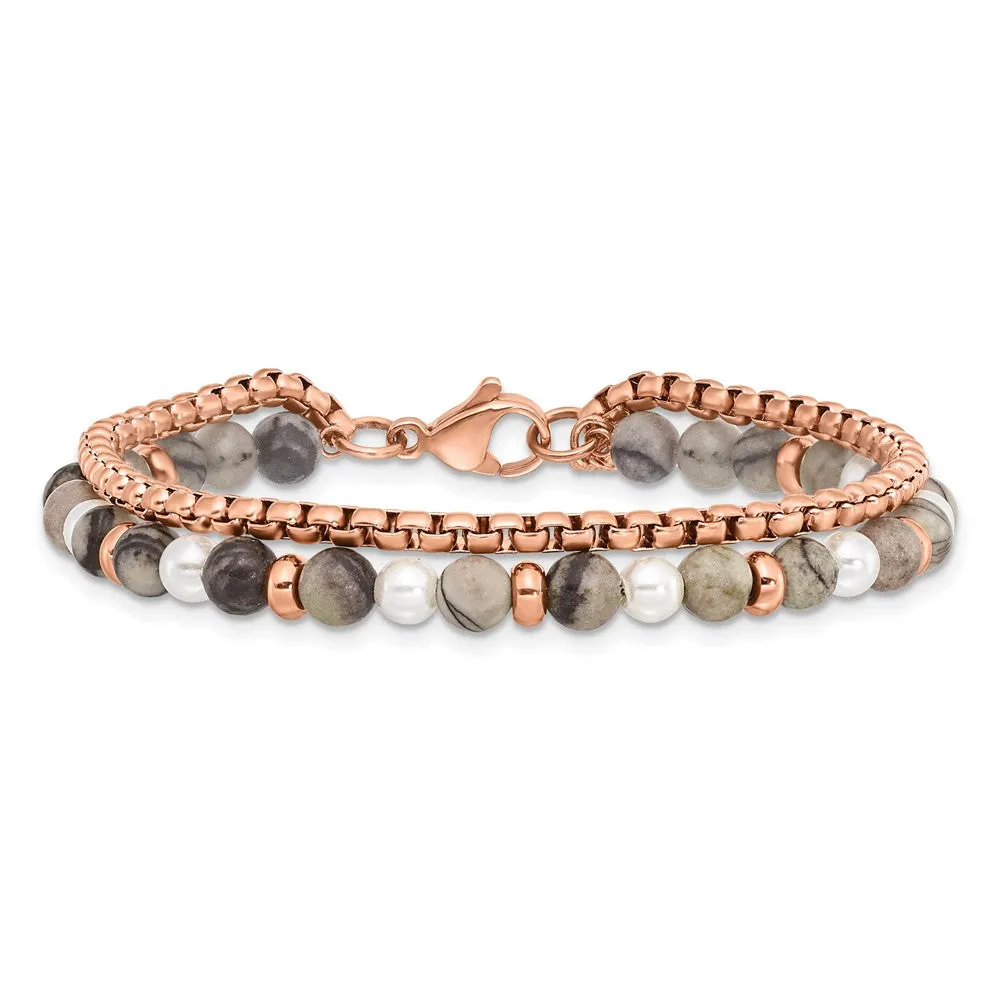 Stainless Steel Polished Rose IP w/Picasso Jasper 6.5in w/1in ext Bracelet