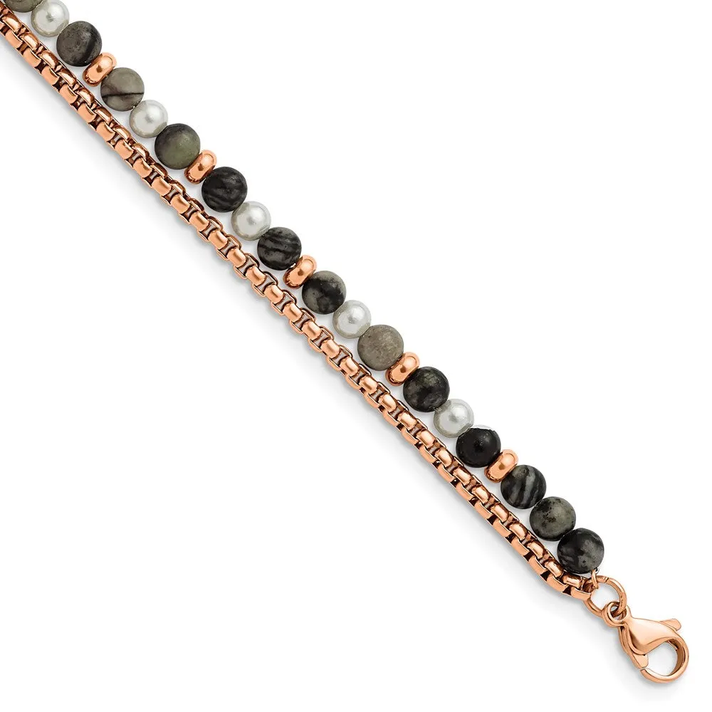 Stainless Steel Polished Rose IP w/Picasso Jasper 6.5in w/1in ext Bracelet