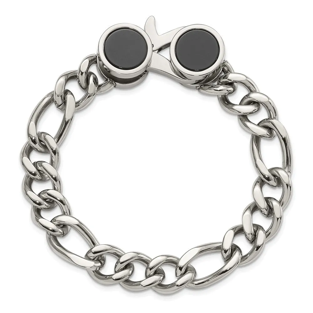 Stainless Steel Polished w/Black Agate Figaro Link 8in Bracelet