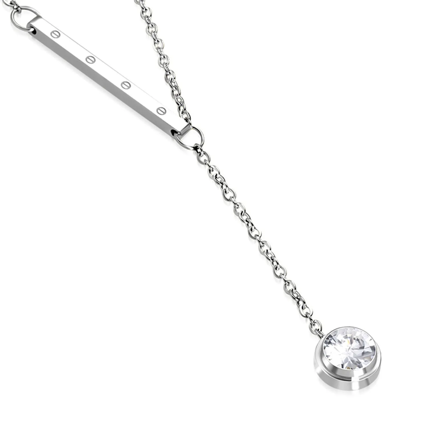 Stainless Steel Screw Bar Cubic Zirconia Circle Charm Y Necklace Pendant Chain