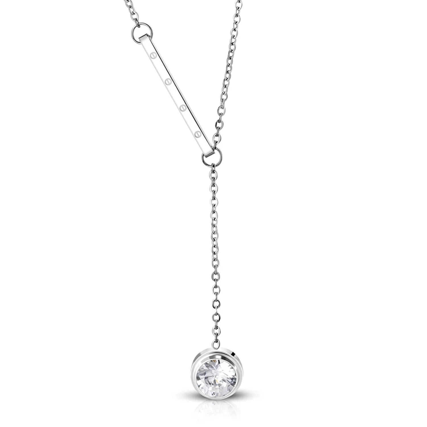 Stainless Steel Screw Bar Cubic Zirconia Circle Charm Y Necklace Pendant Chain