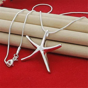 Sterling Silver Charms Necklace Star Starfish Jewelry Fashion Chain Women Lady Wedding Party