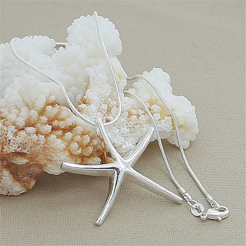 Sterling Silver Charms Necklace Star Starfish Jewelry Fashion Chain Women Lady Wedding Party