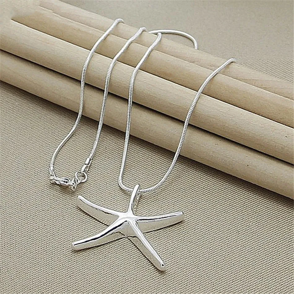 Sterling Silver Charms Necklace Star Starfish Jewelry Fashion Chain Women Lady Wedding Party