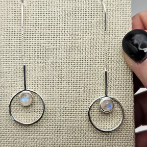 Sterling Silver Moonstone Round Threader Earrings 2 inch