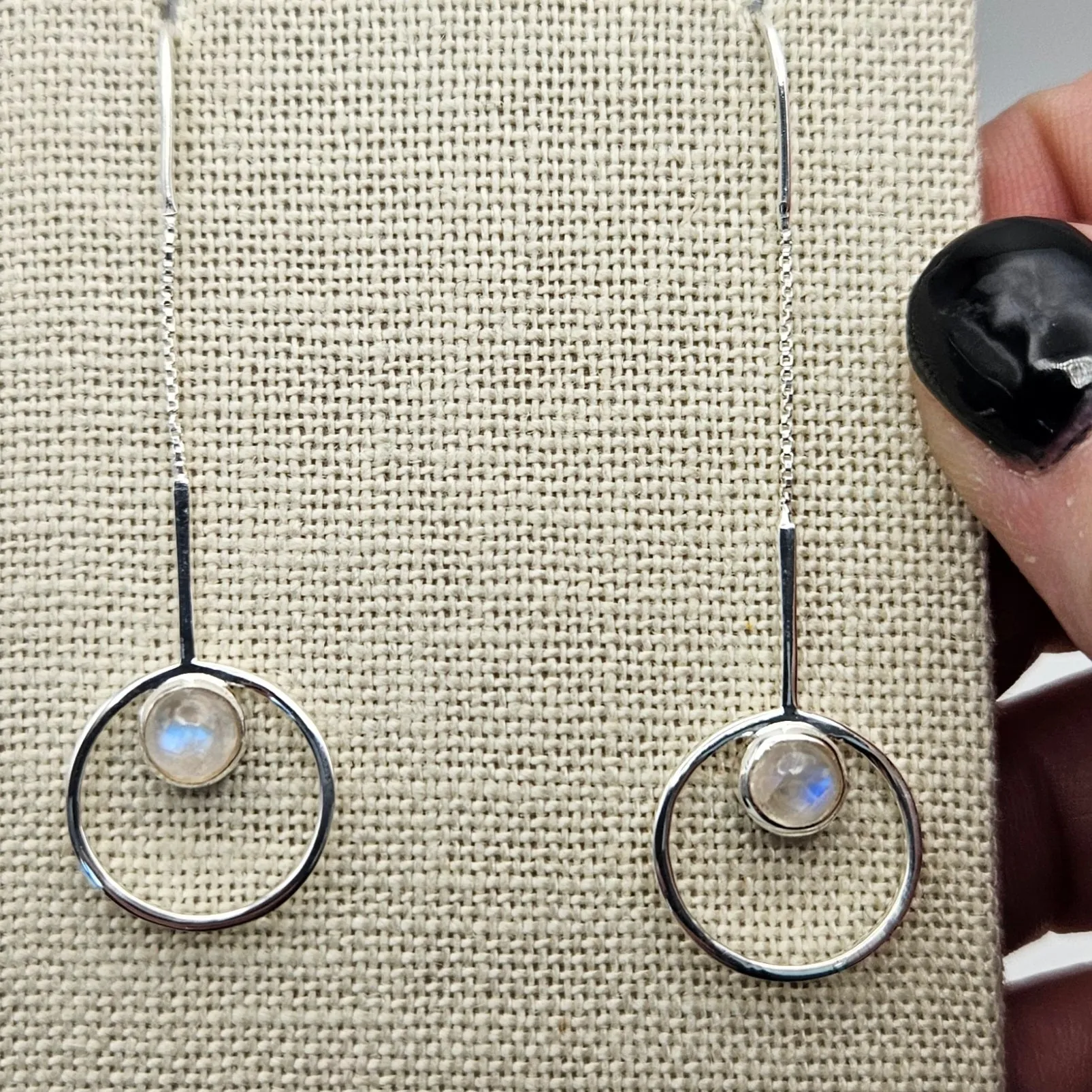 Sterling Silver Moonstone Round Threader Earrings 2 inch